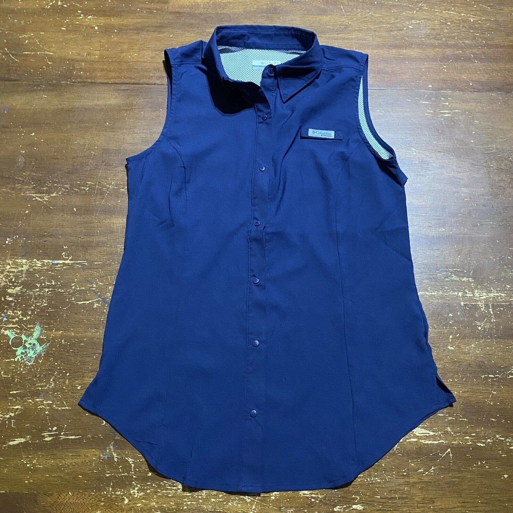 Columbia PFG Women’s Blue Sleeveless Button Up Shirt Size S Hiking Fishing Golf